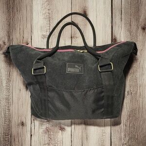 Puma Jane Black Logo Corduroy Tote Travel Shoulder Front Pocket Duffle